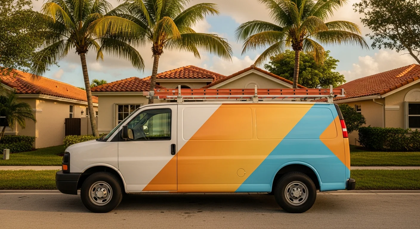 Side-profile of a clean white plumbing service van with warm-gold and sky-blue brand wrap design parked on a Deerfield Beach Florida residential street, mature royal palms and cream-stucco homes with terracotta-tile roofs in the background, golden-hour afternoon light