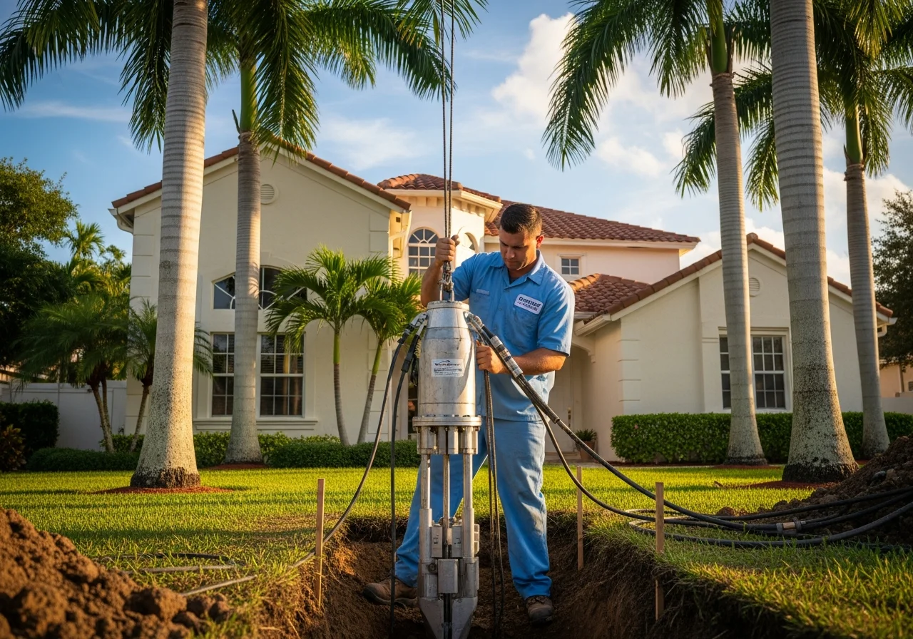 Trenchless sewer line repair work in a Deerfield Beach Florida residential front yard — small precision excavation pit, sky-blue-uniformed plumber lowering a sewer pipe-bursting head and trenchless equipment, cream-stucco home with terracotta-tile roof in the background, mature royal palms