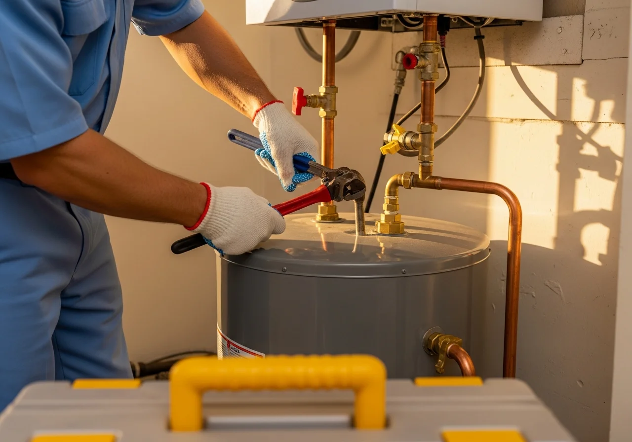 A residential 50-gallon tank water heater install in a Deerfield Beach Florida garage — cream-painted utility area, copper supply lines, brass connectors, sky-blue-uniformed plumber's gloved hands working a pipe wrench, warm-gold rubberized toolbox handle visible at lower edge
