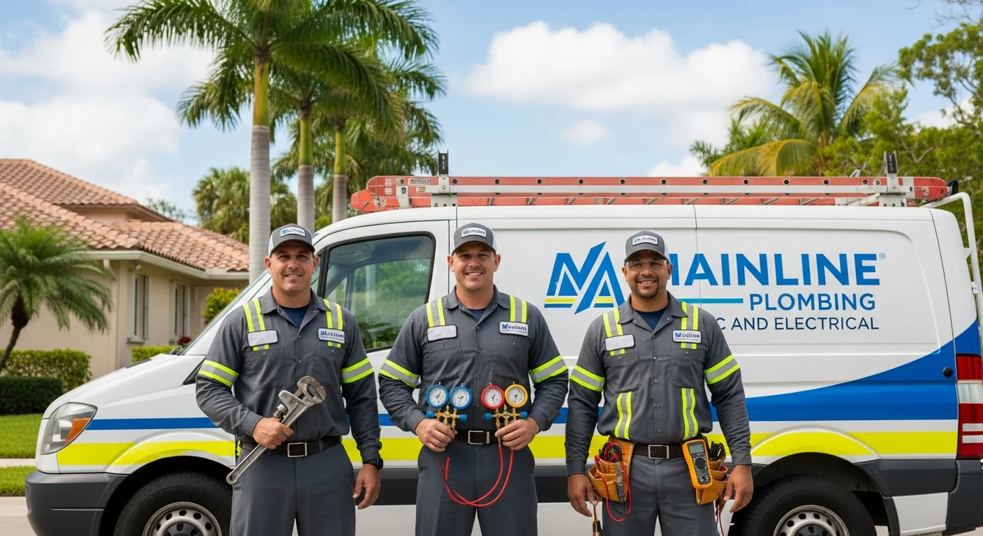 Mainline three-tech crew lined up in front of a service van on a Broward County Florida residential street — plumber holding a pipe wrench, HVAC tech with refrigerant gauges, electrician with a multimeter — visual centerpiece for the one-company-three-trades framing