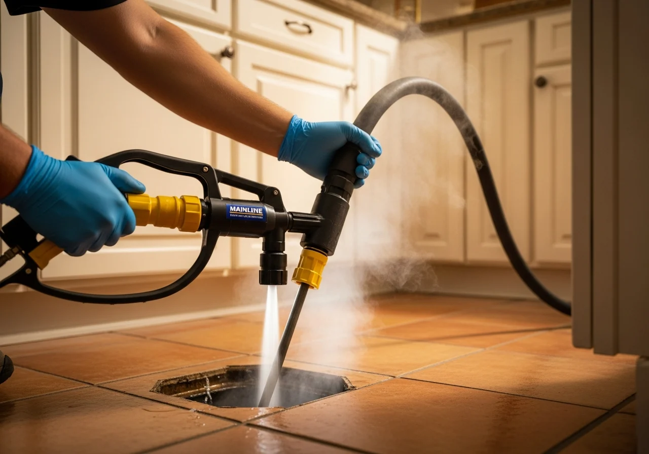 Hydro-jet drain cleaning hose feeding into a kitchen drain cleanout in a Broward County Florida home — black hydro-jet hose with safety-yellow rubberized handle, water spray, blue-gloved hands of a Mainline technician, cream cabinetry, terracotta tile floor