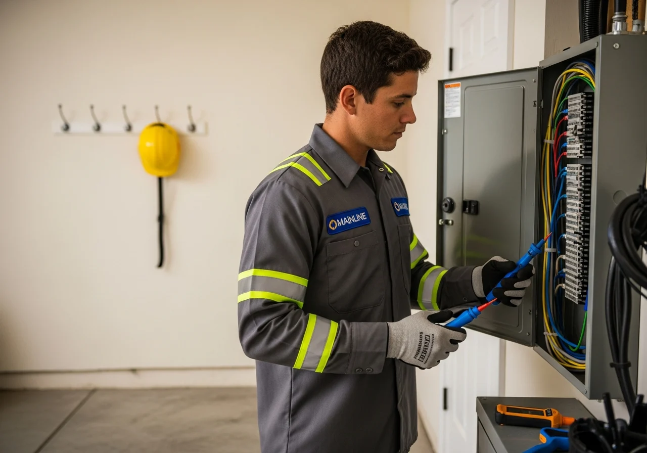 Mainline electrician in industrial steel-gray uniform with safety-yellow accent stripe, working on a residential service panel in a Broward County Florida garage — cobalt-handled insulated tools, voltage tester, neat wiring visible in the open panel