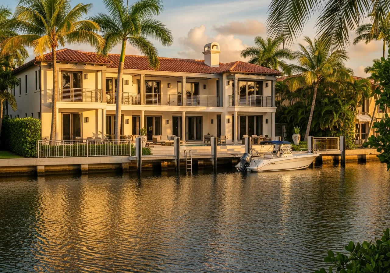 Fort Lauderdale Florida Las Olas waterway residential context — a Las Olas Isles canal-front home with cream stucco walls, warm-red barrel-tile roof, mature royal palms, a quiet boat dock with a small white runabout, golden-hour Florida light reflecting off the canal