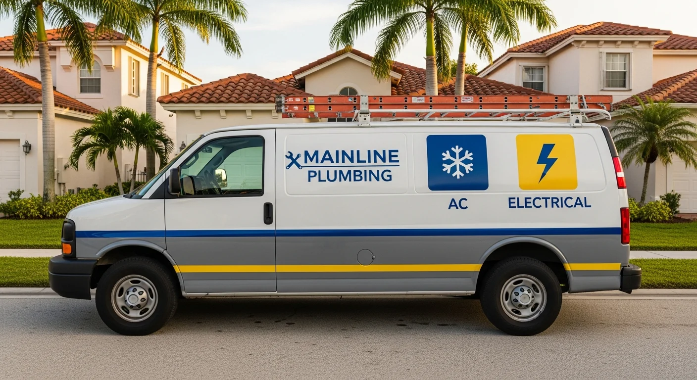 Mainline Plumbing AC and Electrical service van parked on a Pompano Beach Florida residential driveway — three trade decals visible on the side panel: plumbing, air conditioning, and electrical — industrial steel-gray, deep cobalt blue, and safety-yellow brand palette