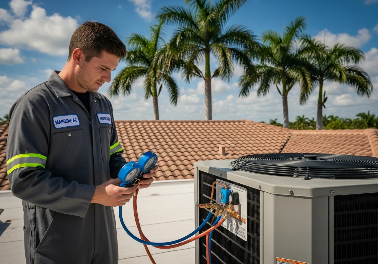 Mainline HVAC technician in industrial steel-gray uniform with cobalt branding, working on a rooftop AC condenser unit in Broward County — cobalt-handled refrigerant gauges, copper refrigerant lines, royal palms and tile-roof horizon in the background