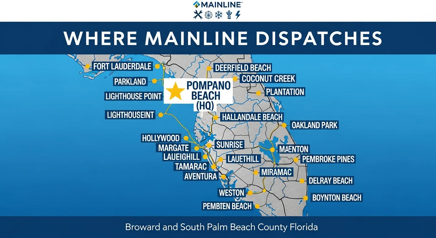 Where Mainline Dispatches infographic — coverage map of Broward County and south Palm Beach County Florida, with Pompano Beach as headquarters and twenty-five city labels including Fort Lauderdale, Deerfield Beach, Coral Springs, Coconut Creek, Parkland, Lighthouse Point, Oakland Park, Plantation, Davie, Dania Beach, Hallandale Beach, Hollywood, Margate, Lauderhill, Lauderdale Lakes, Tamarac, Sunrise, Weston, Miramar, Pembroke Pines, Aventura, Boca Raton, Delray Beach, and Boynton Beach