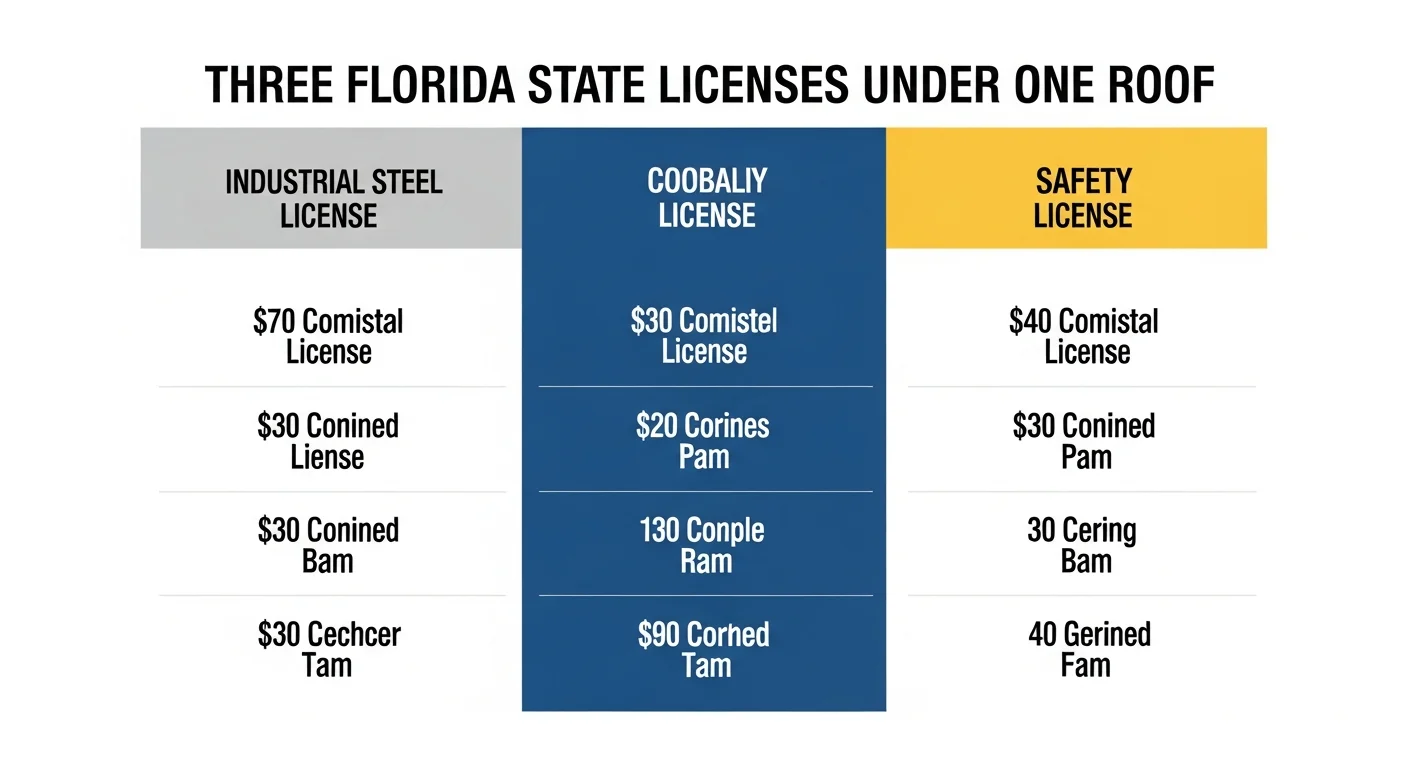 Three Florida State Licenses Under One Roof infographic — CFC1429264 plumbing, CAC1823791 air conditioning, EC13003477 electrical — issued by FL DBPR, held by Mainline Plumbing Service Inc Pompano Beach FL — industrial steel-gray cobalt blue and safety-yellow palette, with a one-truck-one-call summary arrow