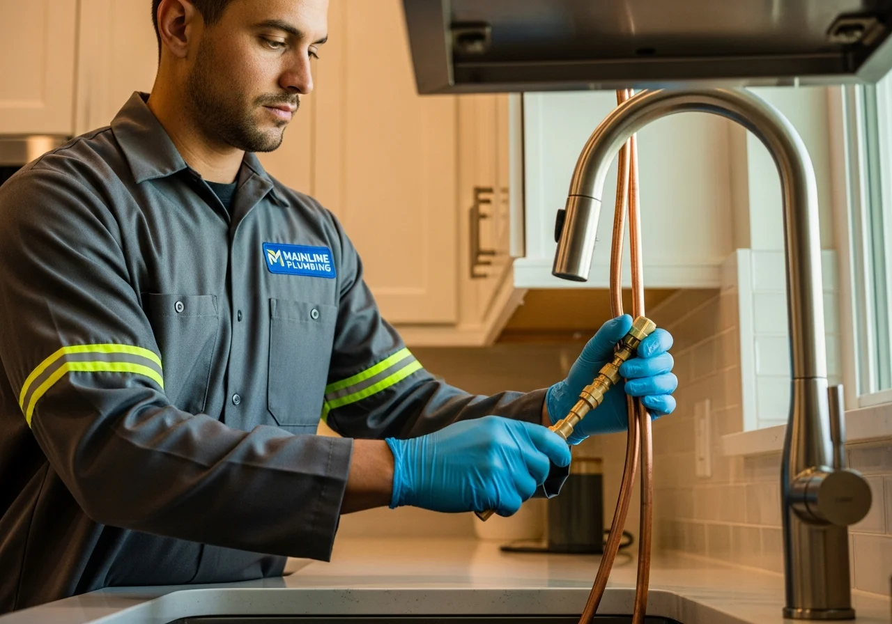 Mainline-uniformed plumbing technician in industrial steel-gray uniform with cobalt-blue logo and safety-yellow stripe, working under a kitchen sink in a Broward County Florida home — copper supply lines, blue-gloved hands gripping a brass connector, cream cabinetry