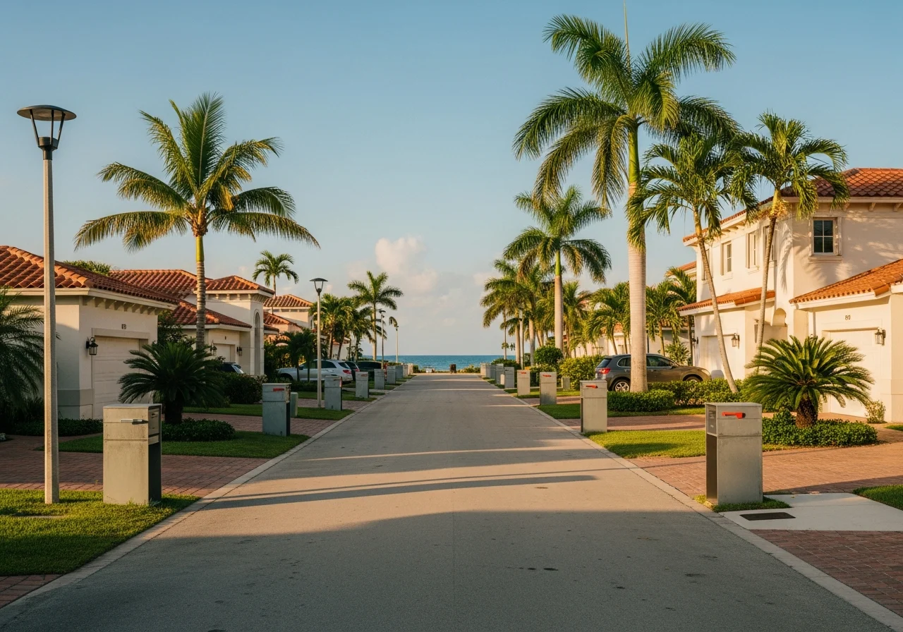 Pompano Beach Florida coastal residential context — late-afternoon golden Florida light over a quiet residential street with cream-stucco single-family homes, warm-red barrel-tile roofs, royal palms, sago palms, and a glimpse of the Atlantic Ocean horizon