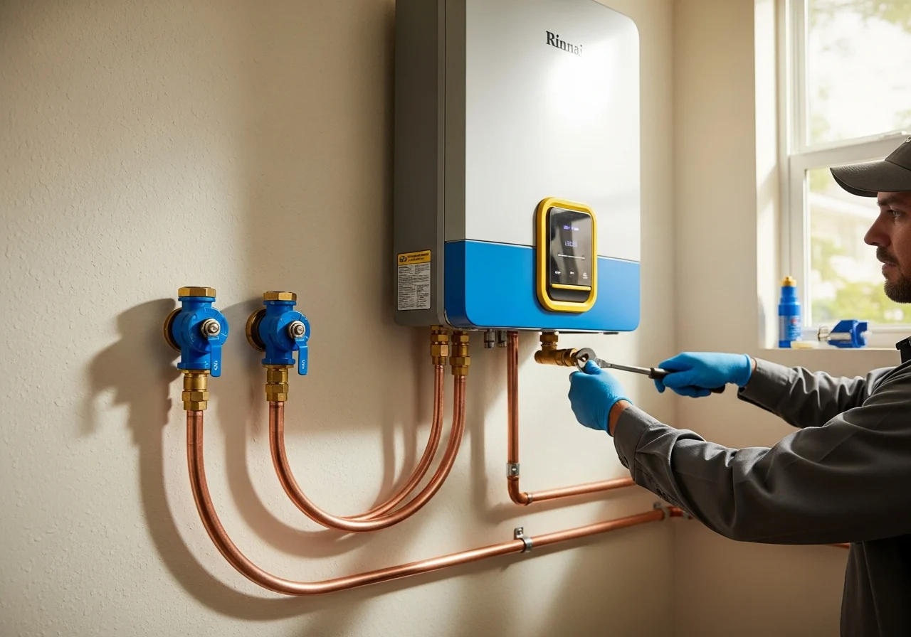 Tankless water heater installation on a stucco wall in a Broward County Florida home — brass connectors, cobalt-blue isolation valves, polished copper supply lines, modern Rinnai-style tankless unit, blue-gloved Mainline technician tightening a connection