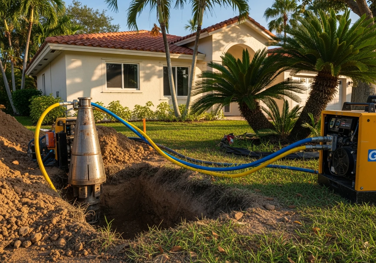 Trenchless sewer line repair in a Pompano Beach Florida residential front yard — small precision excavation pit, trenchless pipe-bursting head, yellow-and-cobalt hydraulic equipment, cream-stucco home with warm-red barrel-tile roof in the background