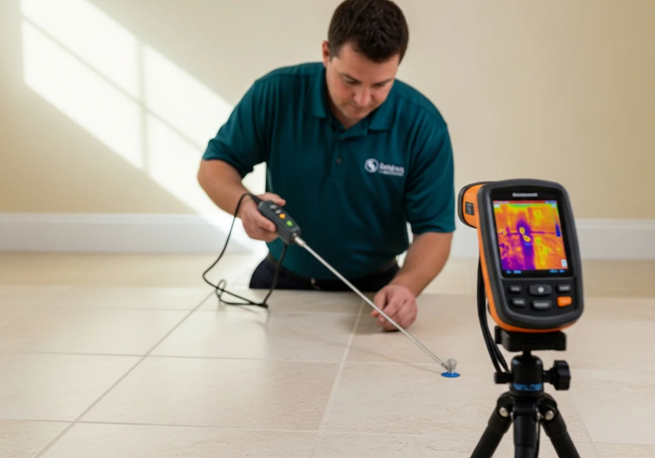 Electronic leak detection inside a Florida home — a technician in a deep-teal branded shirt holding an acoustic listening device against a tile floor, infrared thermal imager on a tripod nearby, cream wall in background, soft daylight from a window — slab-leak detection scope