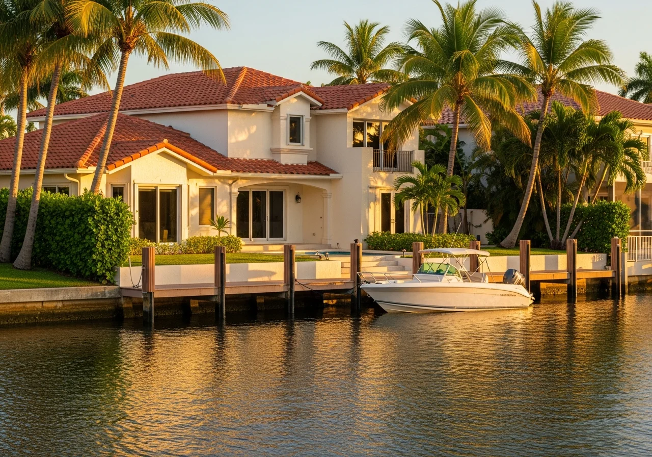 Fort Lauderdale Florida Coral Ridge residential context — a Coral Ridge canal-front home with cream stucco walls, warm-red barrel-tile roof, mature royal palms, a quiet boat dock with a small white runabout, golden-hour Florida light reflecting off the canal