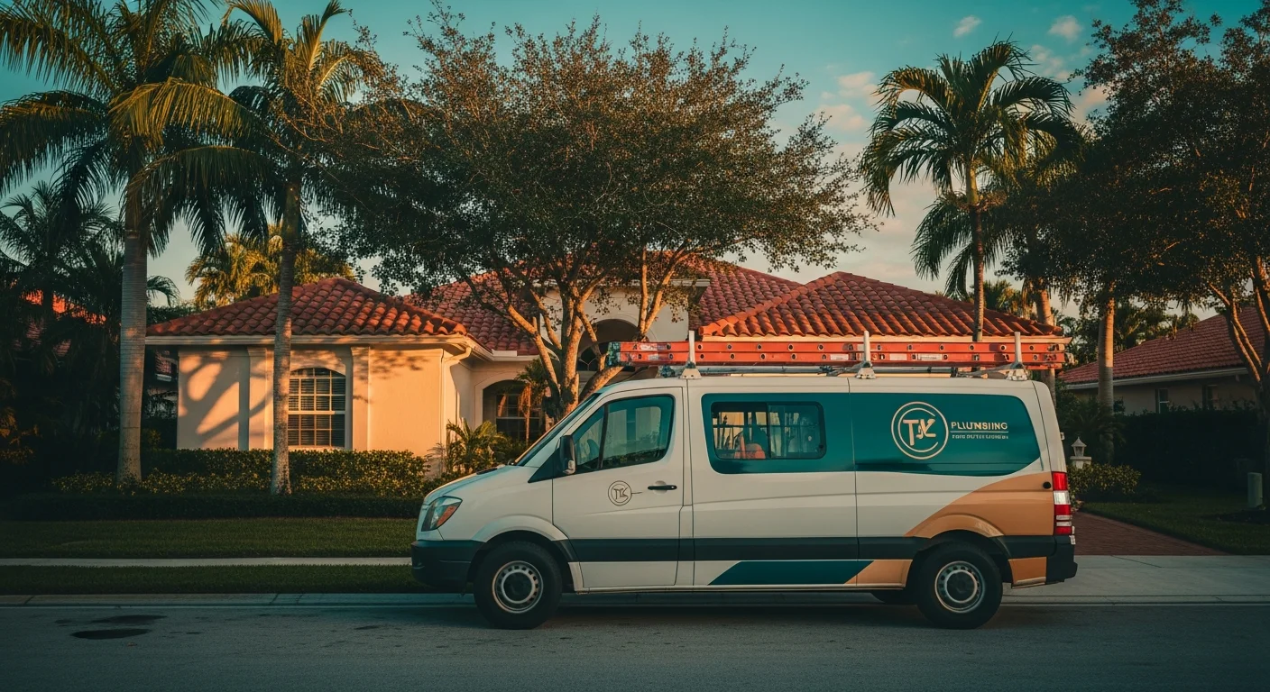 Sunrise Florida residential frontage with cream-stucco walls, warm-red barrel-tile roof, mature royal palms and sabal palms, a branded West End Plumbing service van at the curb beneath a golden-hour Florida sky — wide-footprint Broward-and-Palm-Beach plumber palette: deep-teal + cream + warm-amber