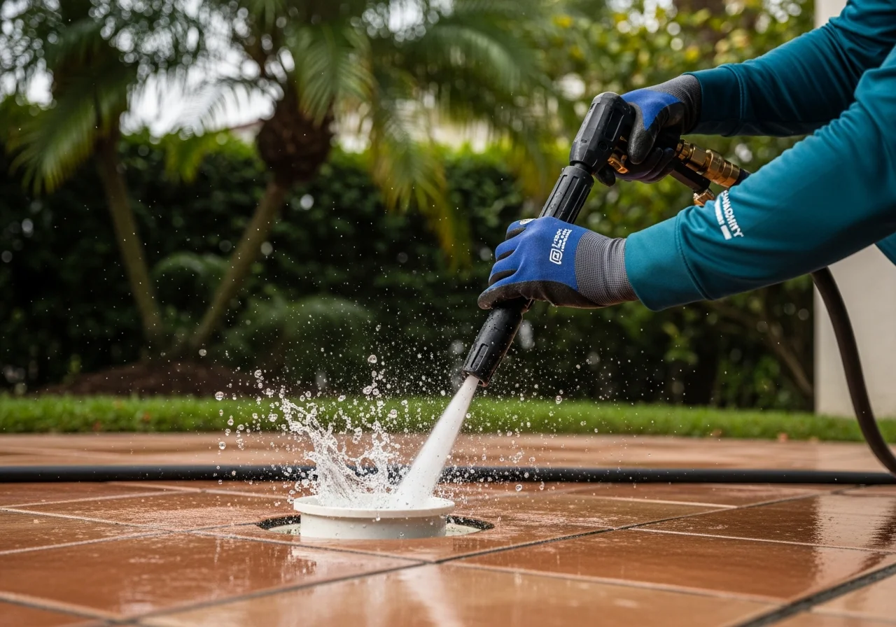Hydro jetting at a Broward County residential cleanout — black hydro-jet hose feeding into the cleanout, splash detail catching daylight, a technician's gloved hands working the trigger nozzle, deep-teal branded uniform, terracotta-tile patio surround