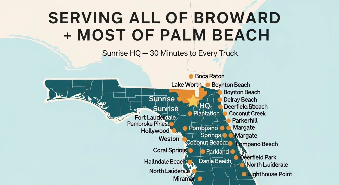 Serving All of Broward + Most of Palm Beach — map-style infographic with 25 Broward and Palm Beach city names readable: Sunrise, Plantation, Davie, Fort Lauderdale, Pembroke Pines, Hollywood, Coral Springs, Weston, Pompano Beach, Tamarac, Lauderhill, Margate, Coconut Creek, Parkland, Dania Beach, Hallandale Beach, Deerfield Beach, Oakland Park, Miramar, North Lauderdale, Lighthouse Point, Boca Raton, Boynton Beach, Delray Beach, Lake Worth — wide-footprint editorial palette