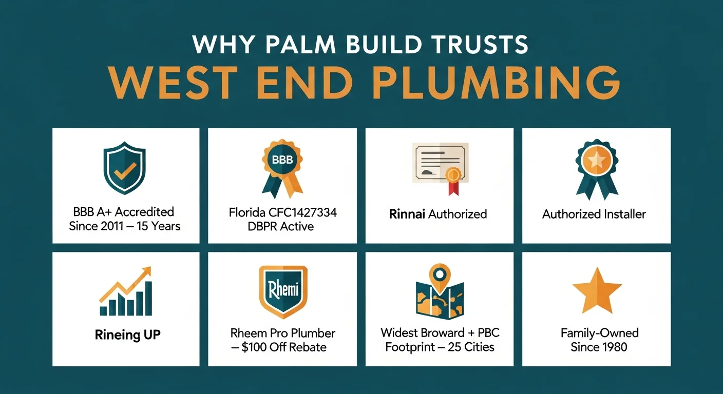 Why Palm Build Trusts West End Plumbing — six trust facts in a clean infographic layout: BBB A+ Accredited since January 14, 2011 (15 years), Rinnai Authorized Installer, Florida CFC1427334 (DBPR Active through 2026-08-31), Widest Broward + PBC footprint on the directory, Rheem Pro Plumber ($100-off-Rheem-water-heater rebate), Family-owned since 1980 — deep-teal + cream + warm-amber palette