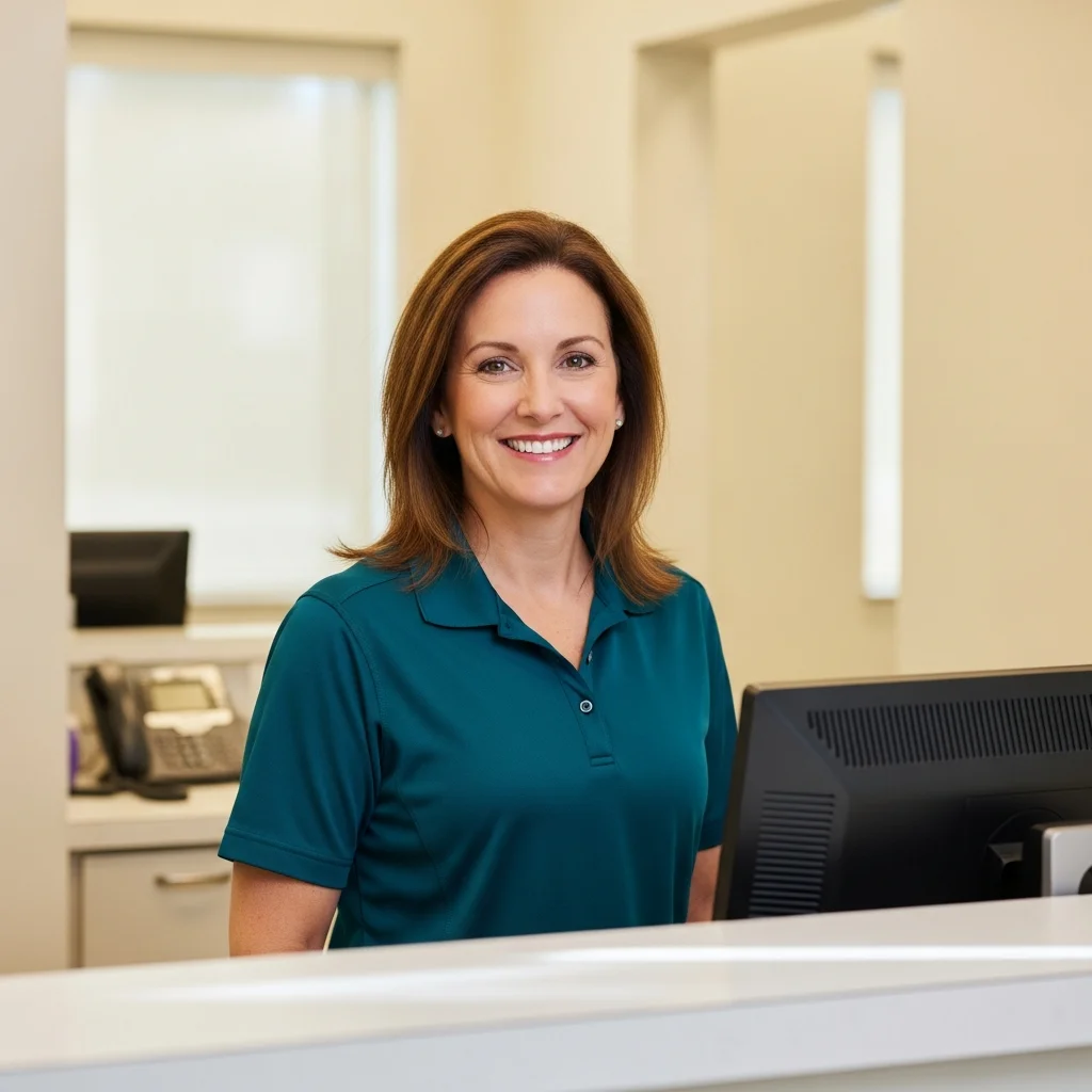 Editorial portrait of West End Plumbing office staff — Alana Carlson, Office Manager, behind a counter at the Sunrise HQ, deep-teal branded polo, friendly approachable expression, cream wall background, soft daylight, Sunrise Florida wide-footprint dispatch feel