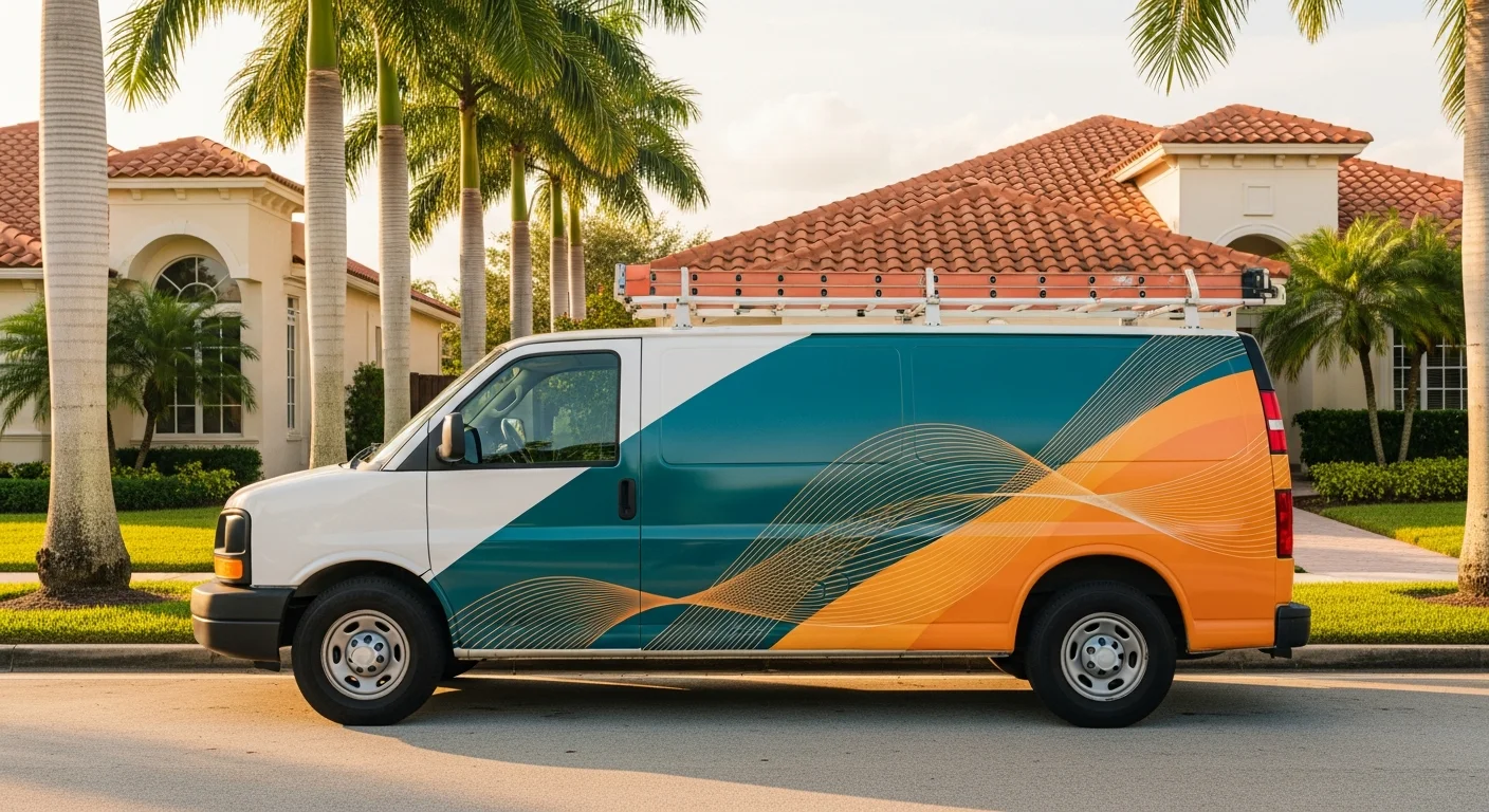 Side-profile of a clean white West End Plumbing service van with deep-teal and warm-amber brand wrap, parked on a Sunrise Florida residential street with mature royal palms and cream-stucco homes — wide-footprint Broward dispatch feel