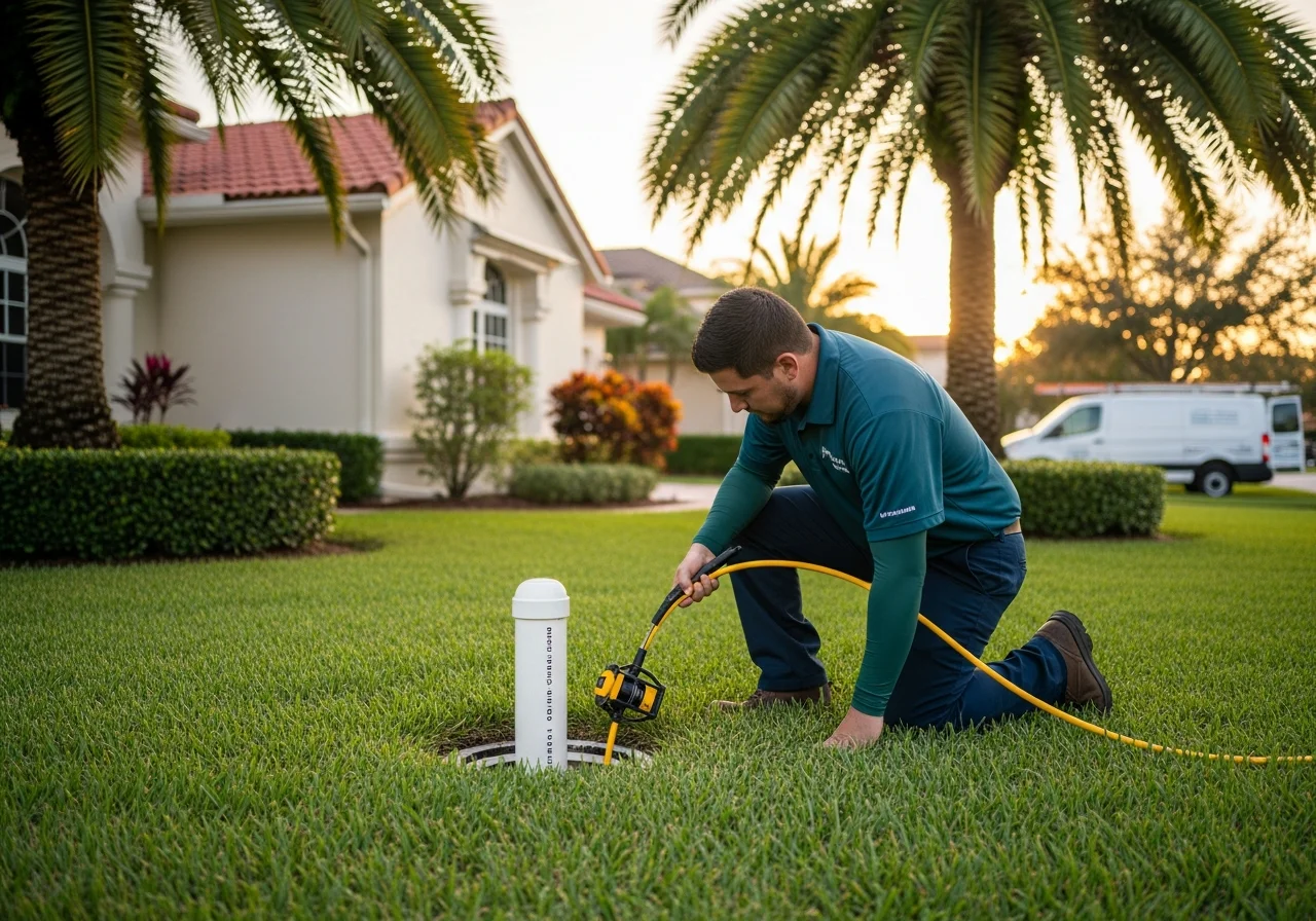 Sewer camera video inspection at a Sunrise Florida residential property — a technician in a deep-teal West End Plumbing branded shirt feeding a yellow sewer-camera cable into the front-yard cleanout, zoysia lawn, mature royal palms, cream-stucco home with warm-red barrel-tile roof in the background