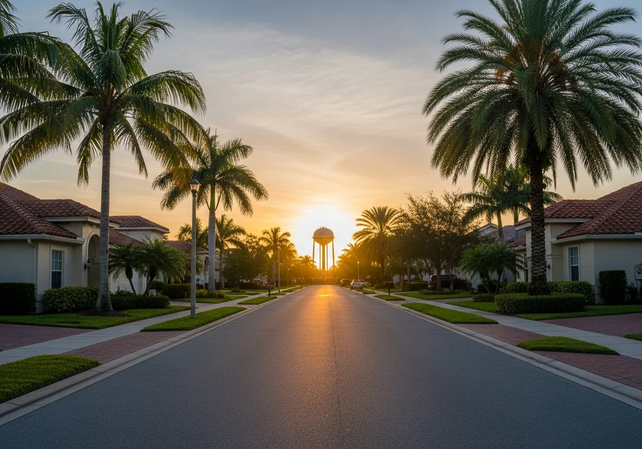 Sunrise Florida residential context — a quiet residential street with cream-stucco single-family homes, warm-red barrel-tile roofs, mature sabal palms and royal palms, a glimpse of a mid-rise water tower silhouette in the distance, golden-hour Florida light