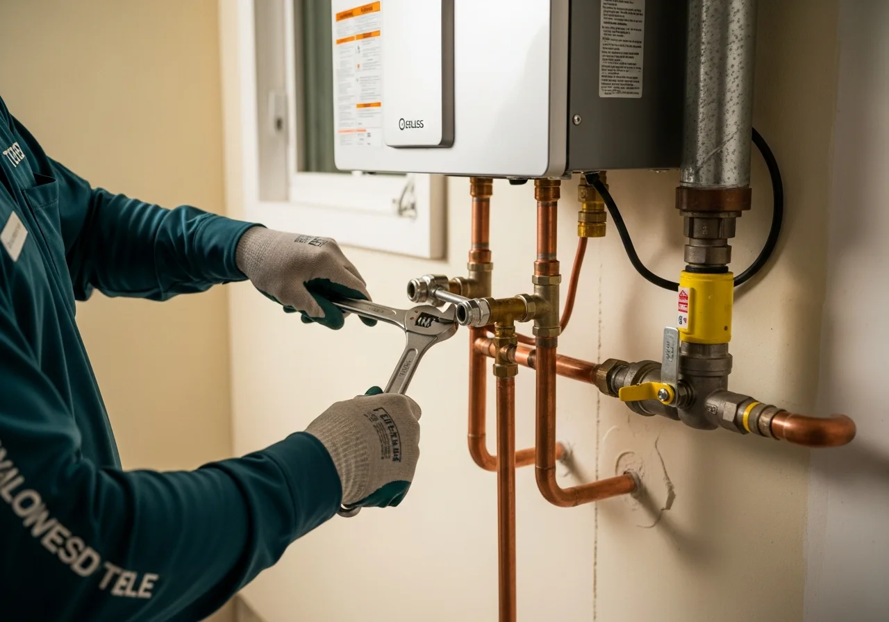 Close-up of a Rinnai tankless water heater install in a Broward County Florida garage — gloved technician hands working a wrench on copper supply lines, white wall background, cream-painted utility area, exposed gas-line shutoff and stainless venting, deep-teal branded shirt sleeves visible