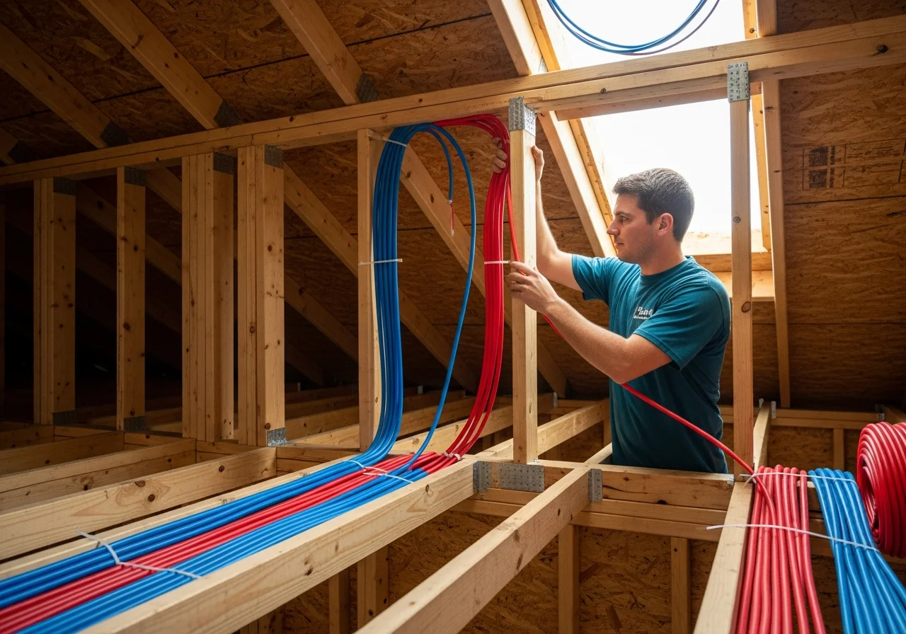 Whole-house repipe detail — fresh PEX supply line install in a Broward County attic space, a technician in a deep-teal West End Plumbing branded shirt running the lines through trusses, exposed framing, daylight from soffit vents, neat zip-tied bundles