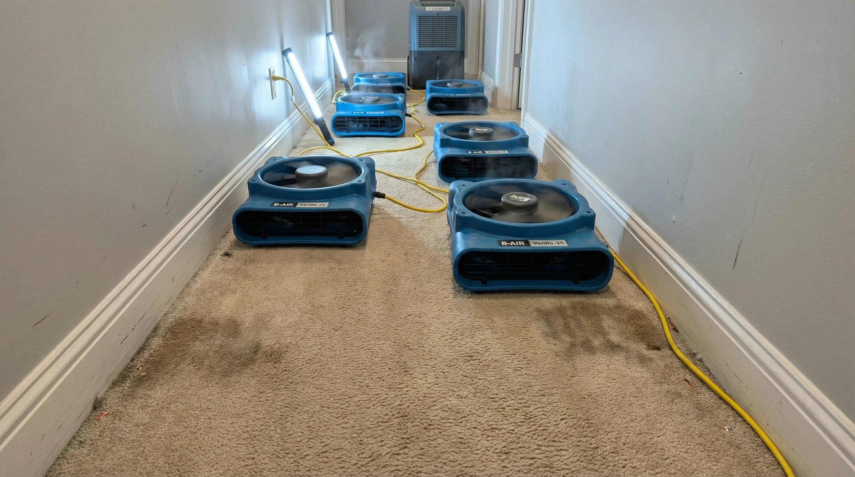 Air mover array and dehumidifier setup for structural drying