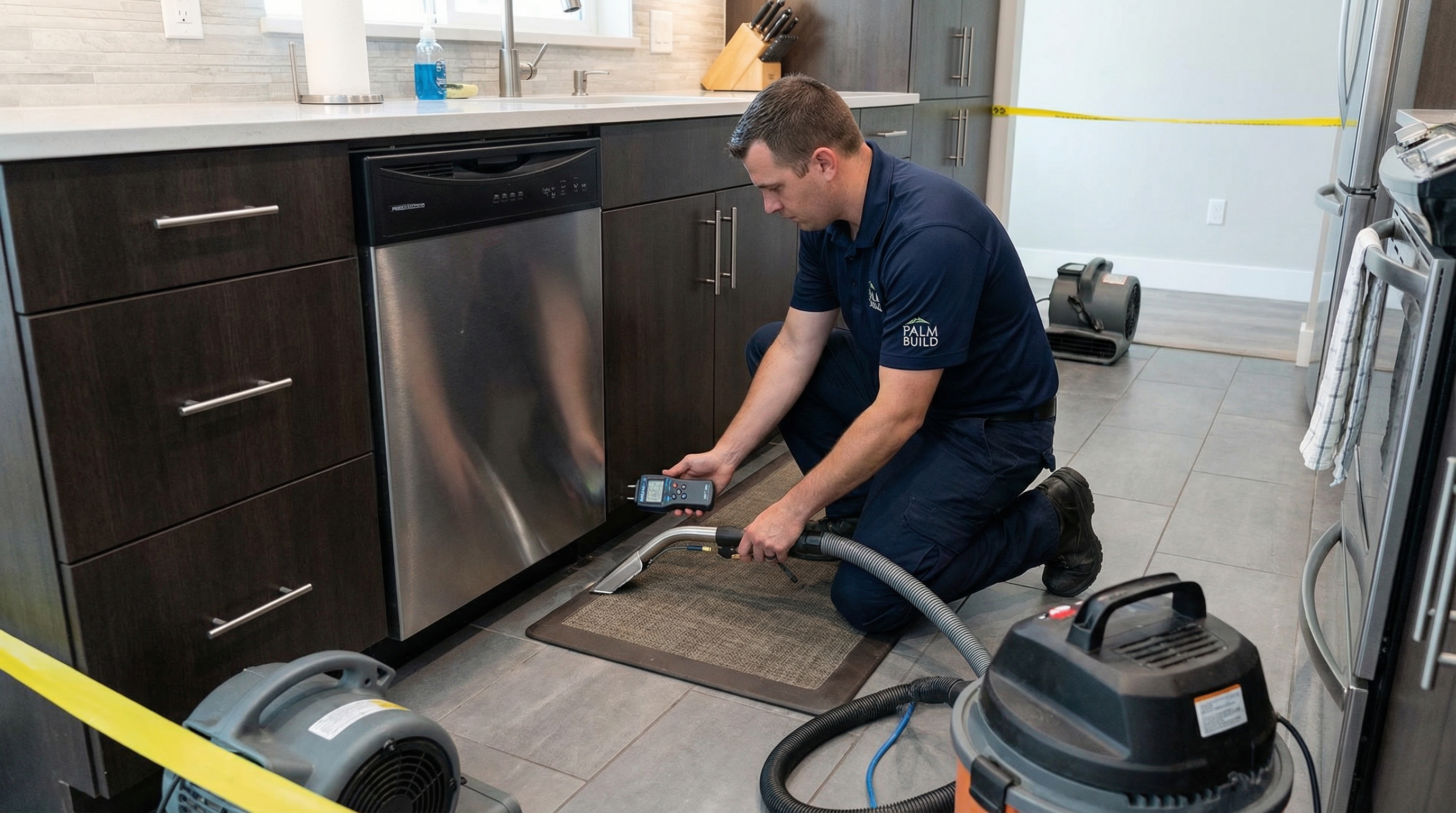 Kitchen appliance leak causing standing water near cabinets