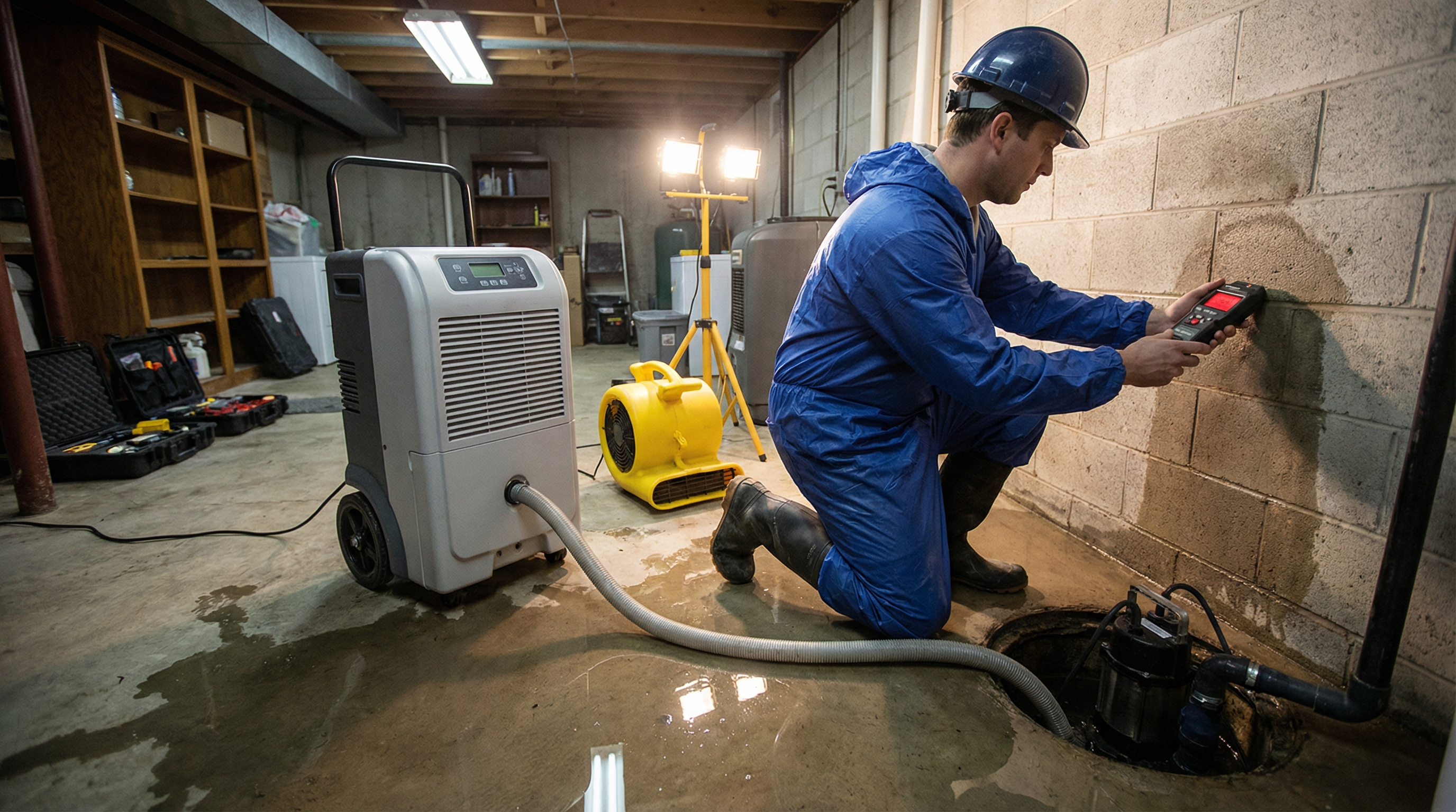 Flooded basement with visible standing water and water damage