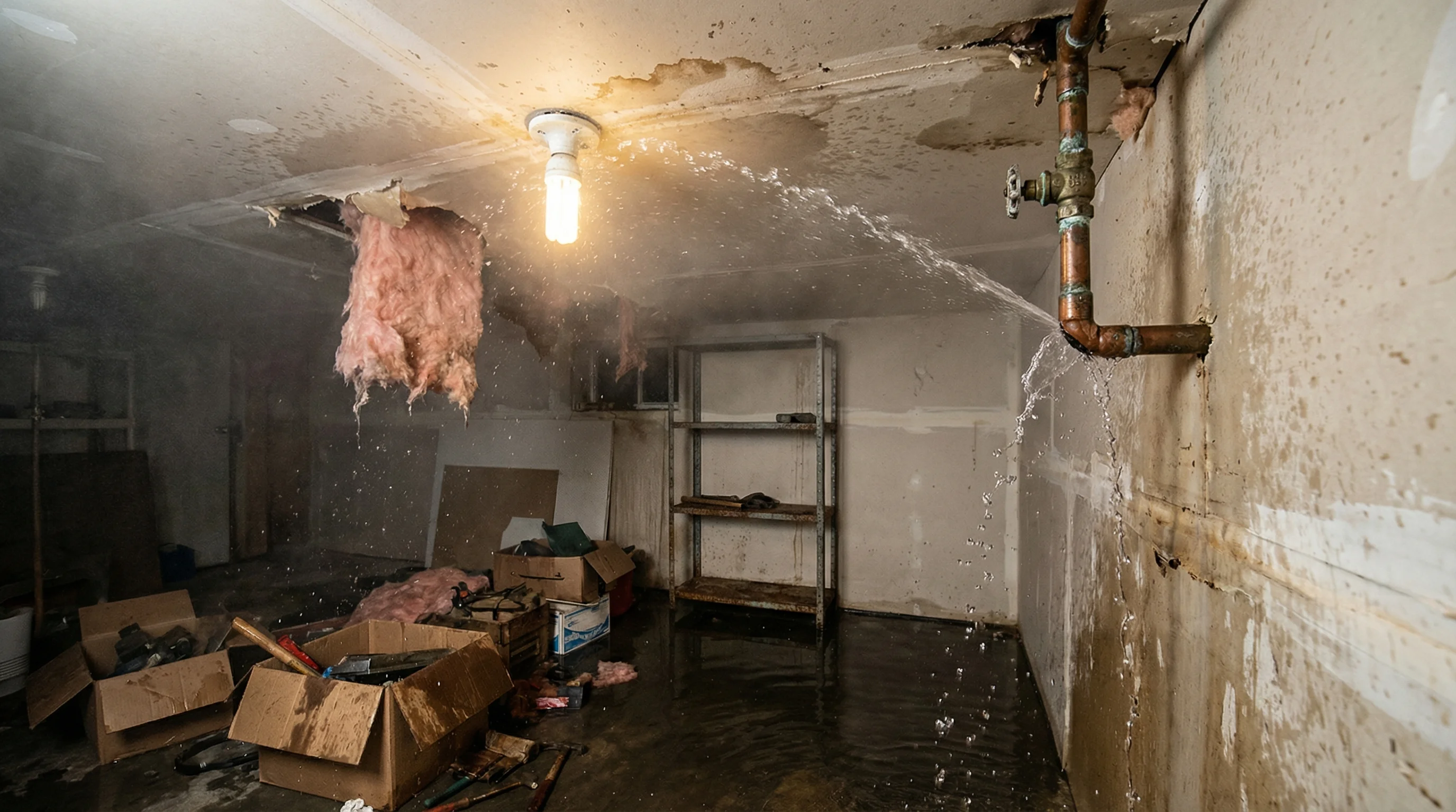 Interior burst pipe emergency with active water flow and mitigation response