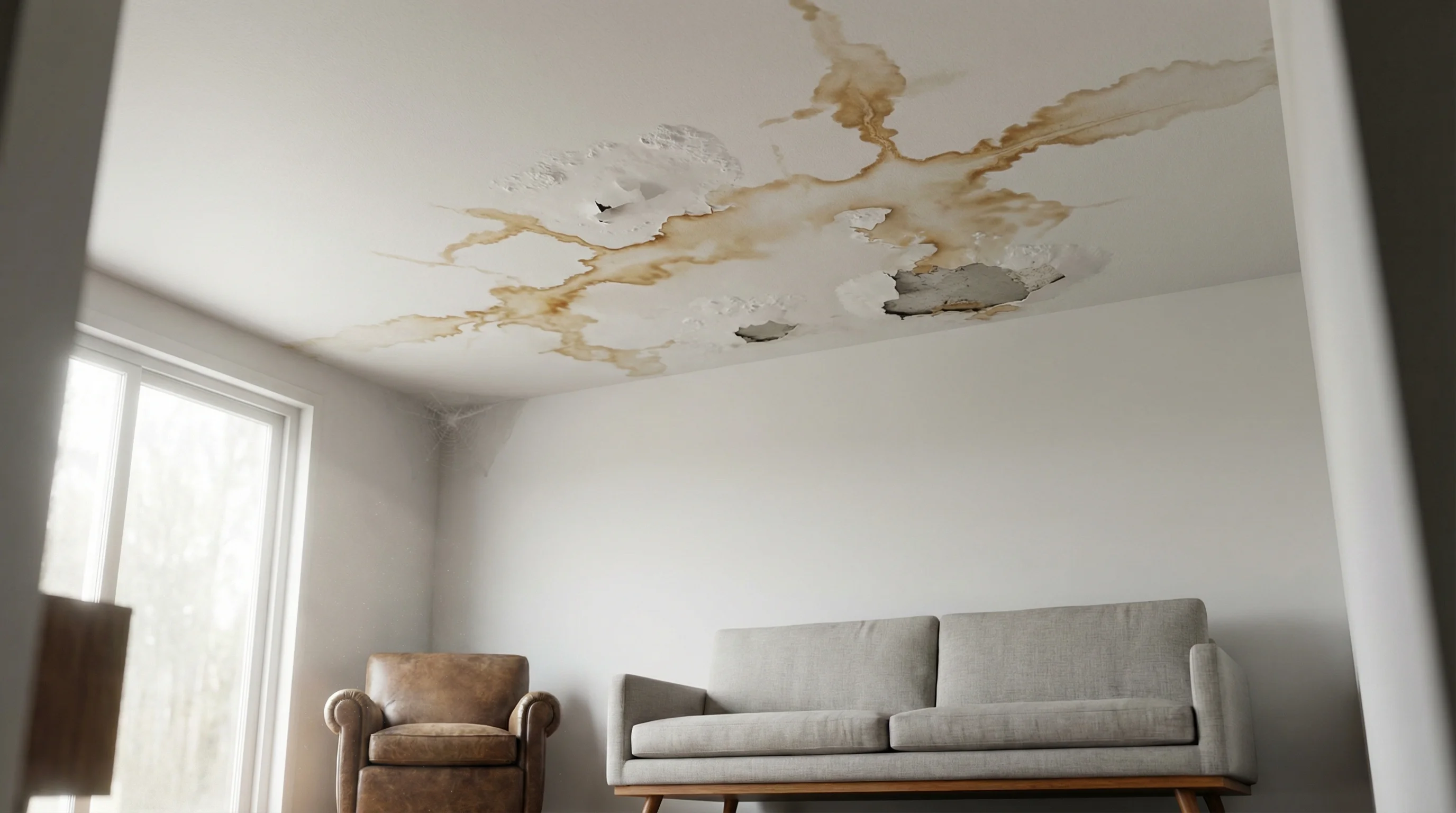 Ceiling staining and hidden spread from upper-level burst pipe leak