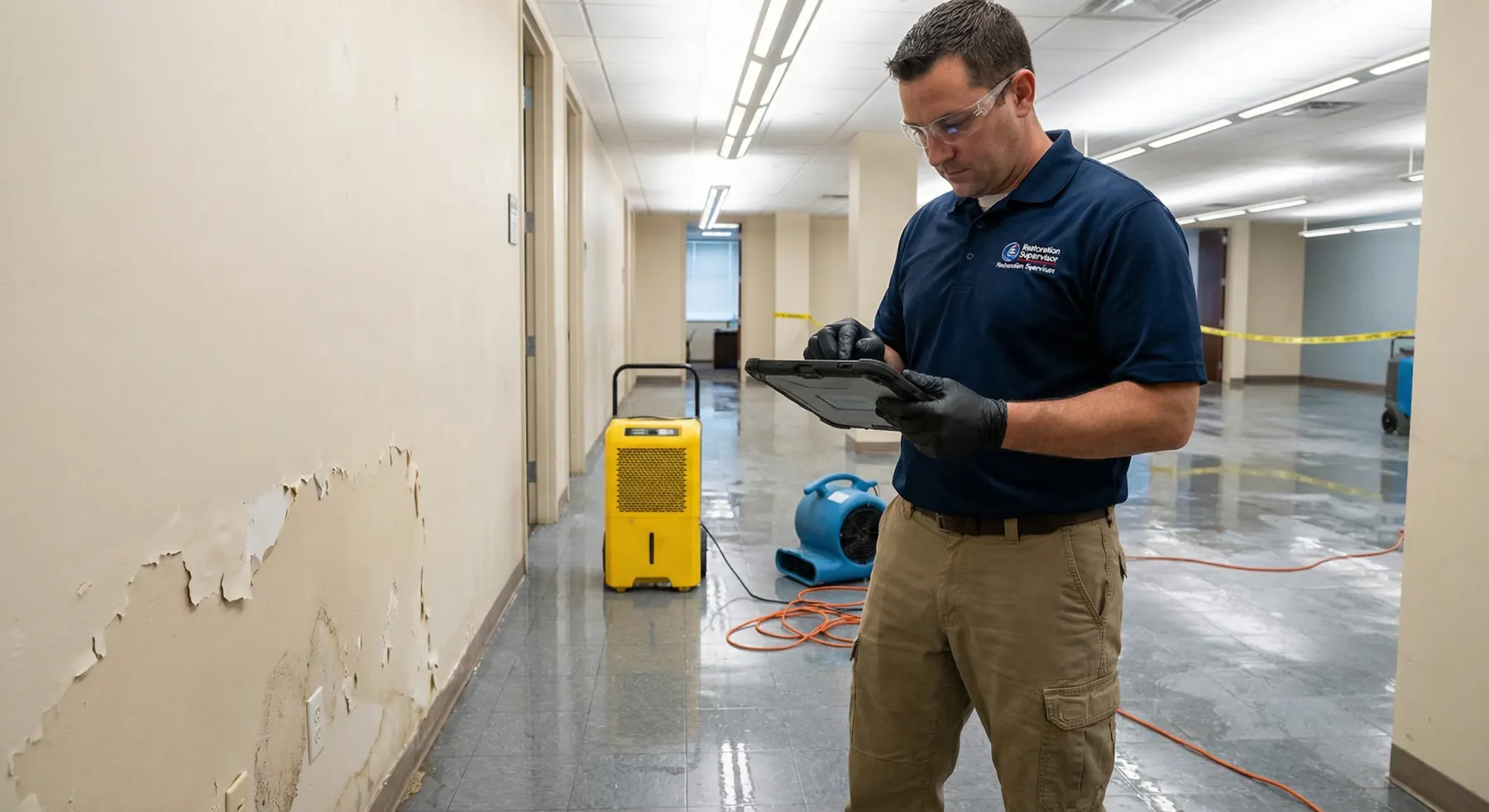 Commercial corridor mitigation with supervisor documenting water loss details