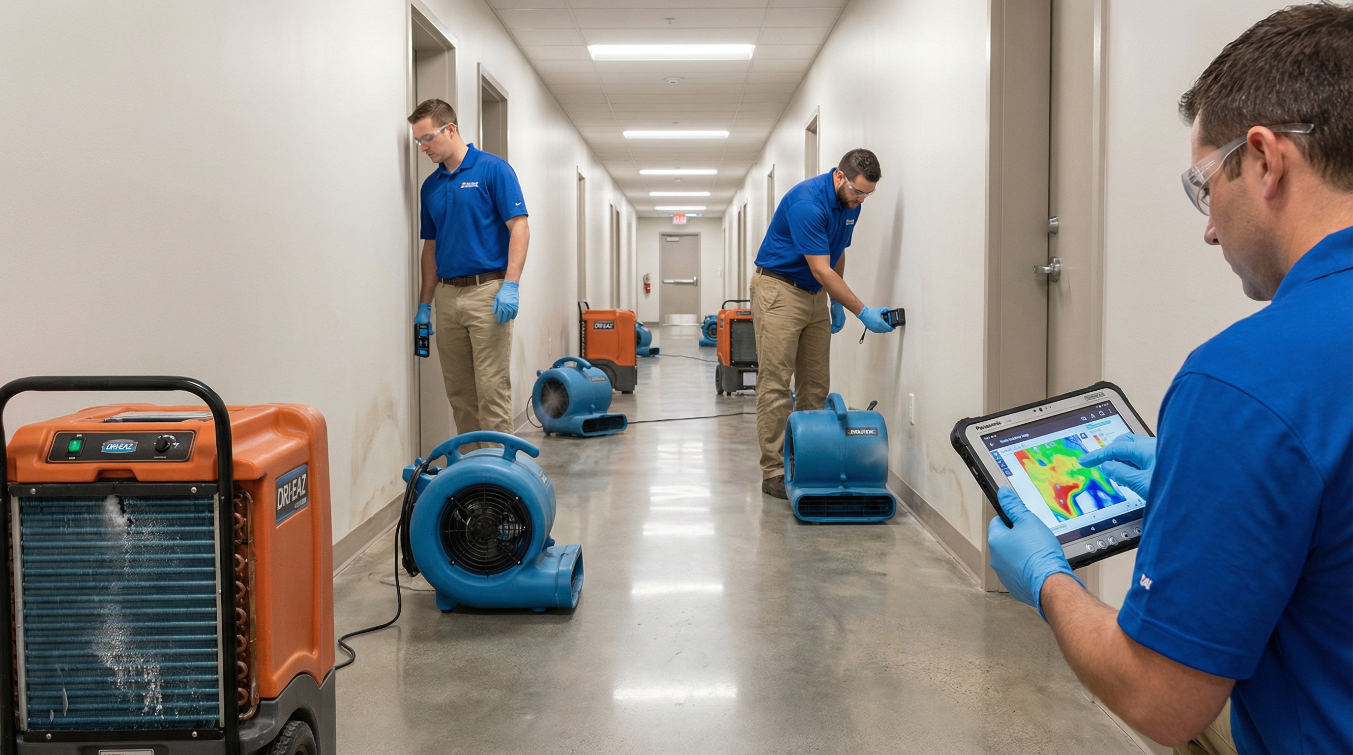 Commercial corridor water mitigation setup in multi-unit property