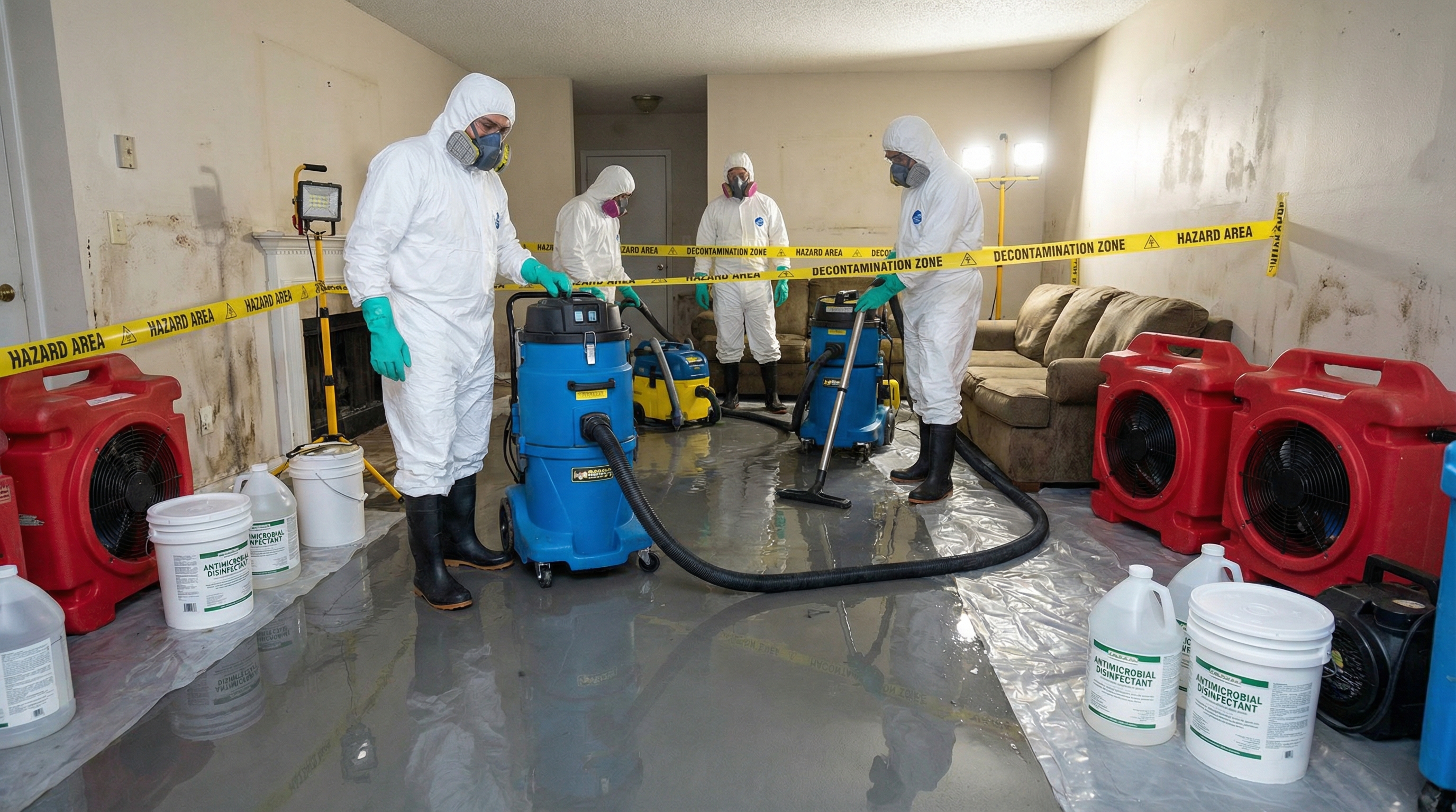 Flood cleanup crew extracting contaminated water with protective controls