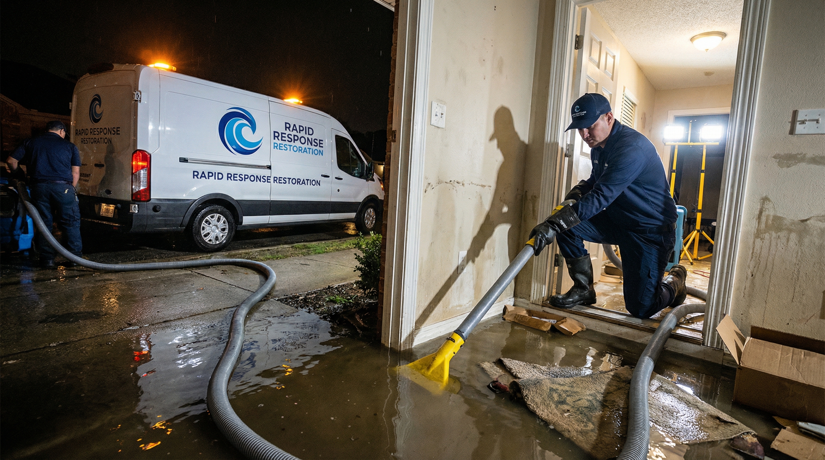 Restoration technician performing emergency water extraction in living space