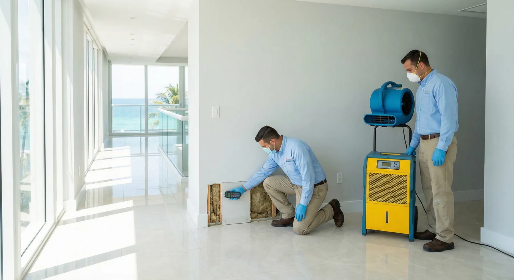 South Florida condo corridor with coordinated dehumidification setup