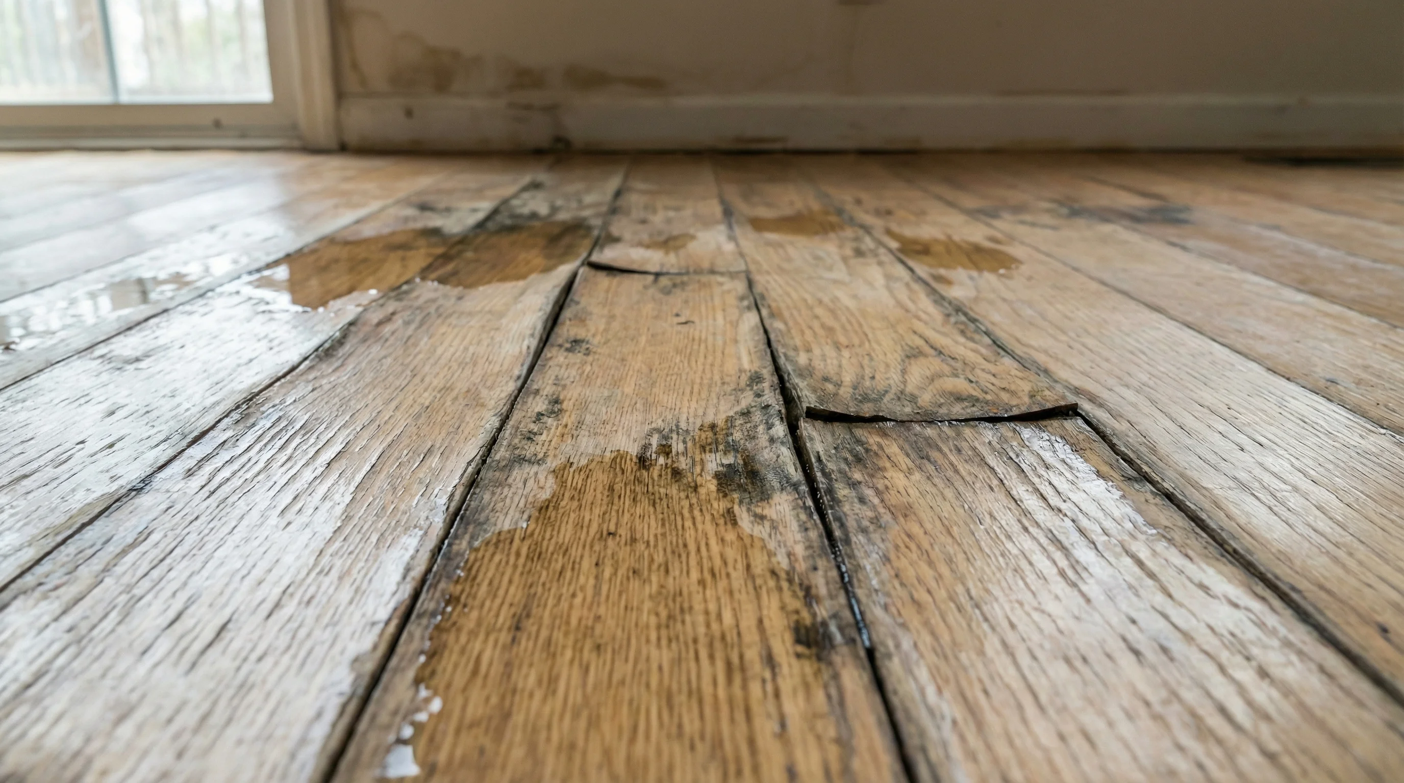 Warped hardwood flooring after delayed response to water loss