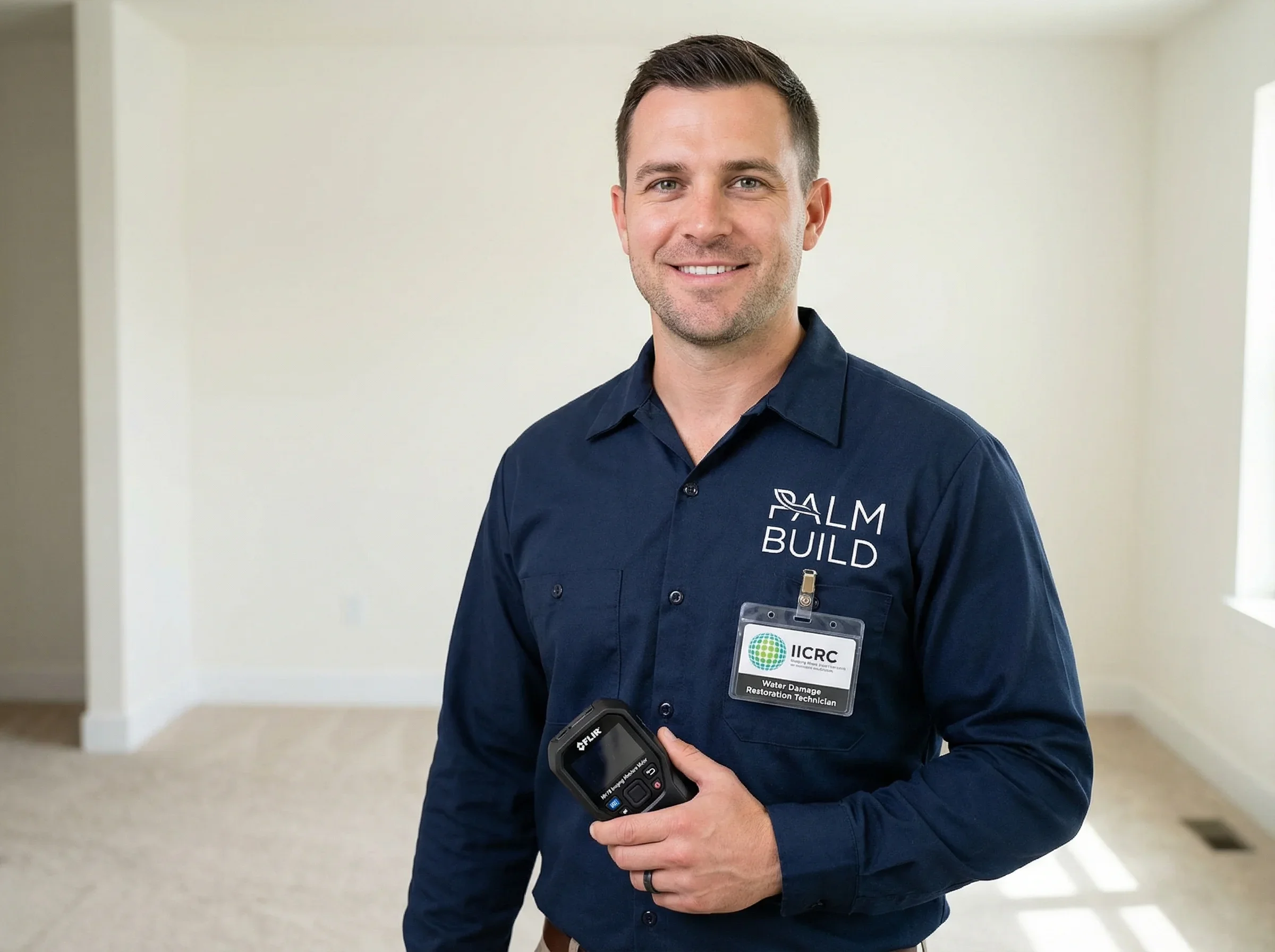 IICRC certified Palm Build water damage restoration technician with credentials badge