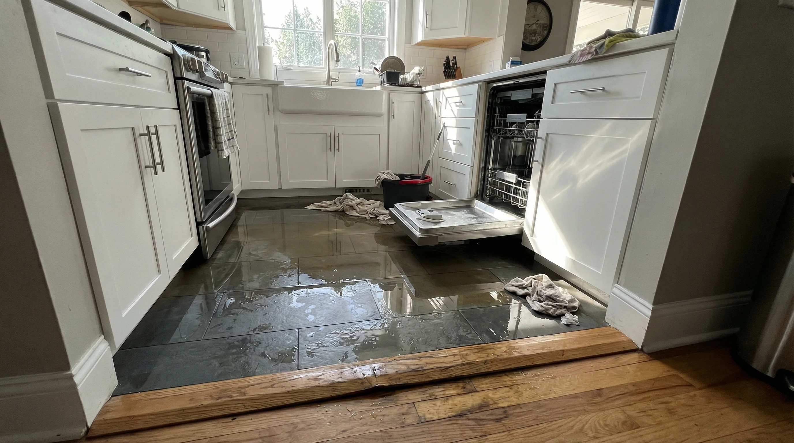 Kitchen dishwasher leak spreading under cabinetry and flooring