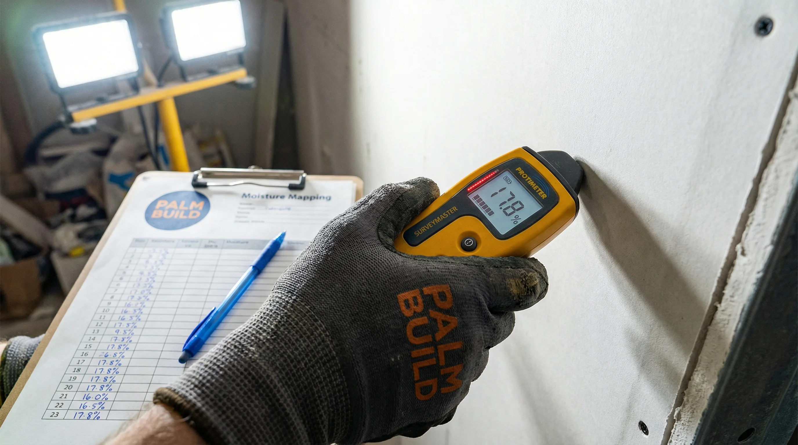 Moisture meter verification during water restoration workflow