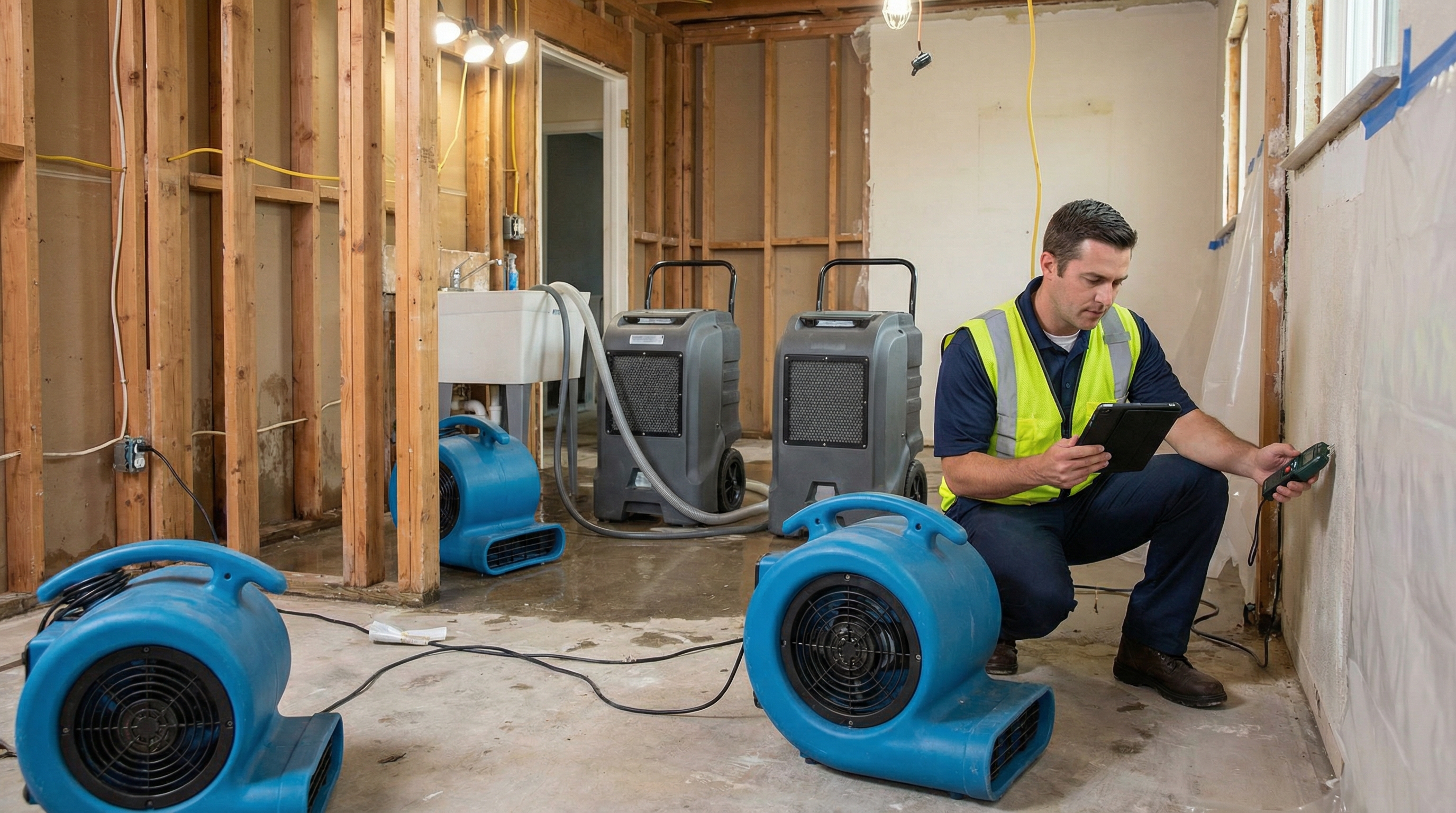 Structural drying setup with moisture mapping and dehumidification equipment