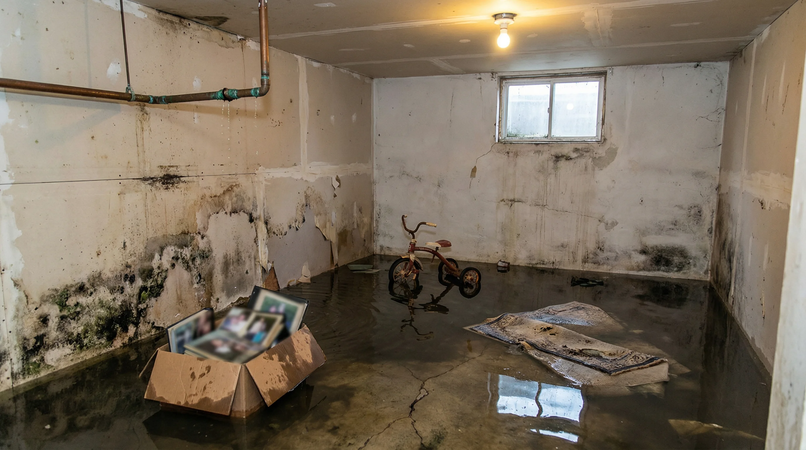 Flooded basement with standing water at lower-level living area