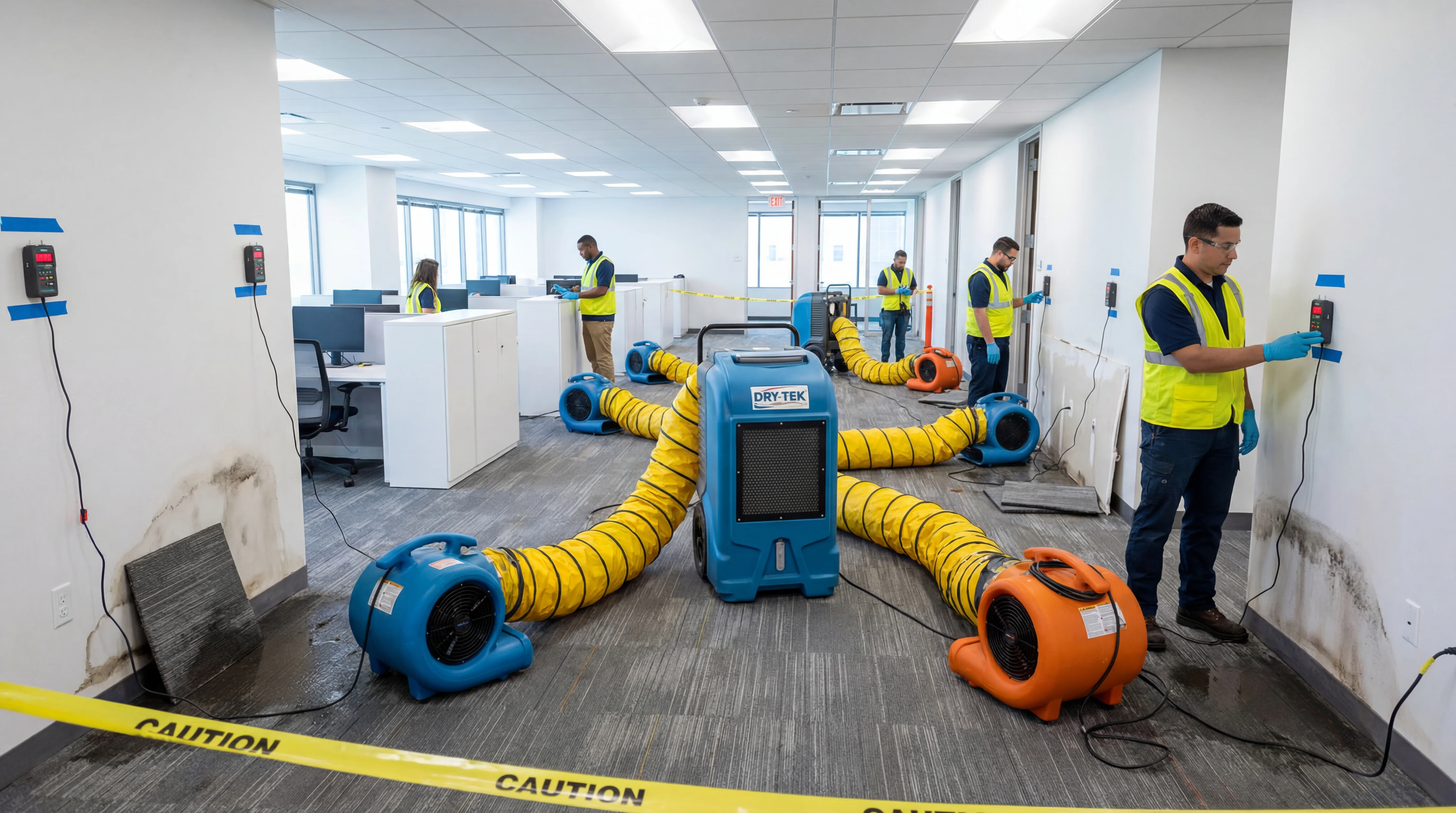 Below-grade drying setup with dehumidification and directional airflow